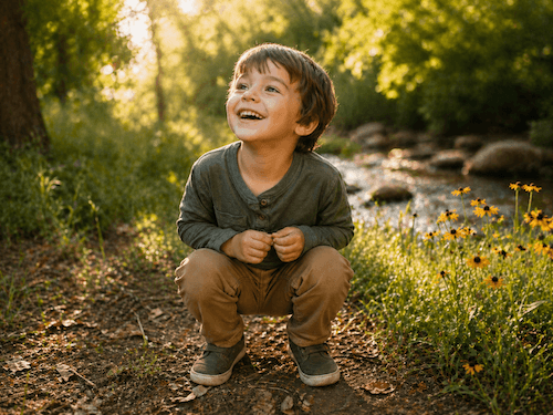 Child sitting by a stream in a forest with sunlight filtering through the trees